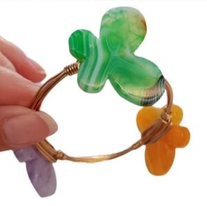 Butterfly Polished Stone & Copper Wire Wrapped Bangle Bracelet | EUC